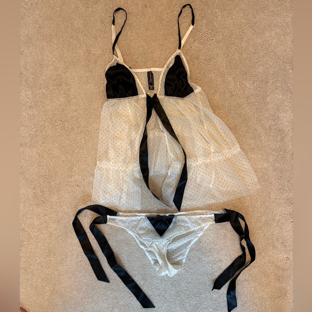 Sheer Polka Dot Babydoll Lingerie Set with Satin Trim-Black & Ivory - Never Worn